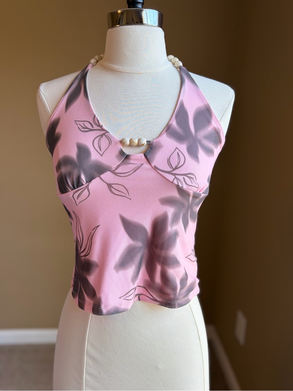 Pink Rose Floral Halter Top with Bead Detail Medium Retro Y2K 2000’s Tropical